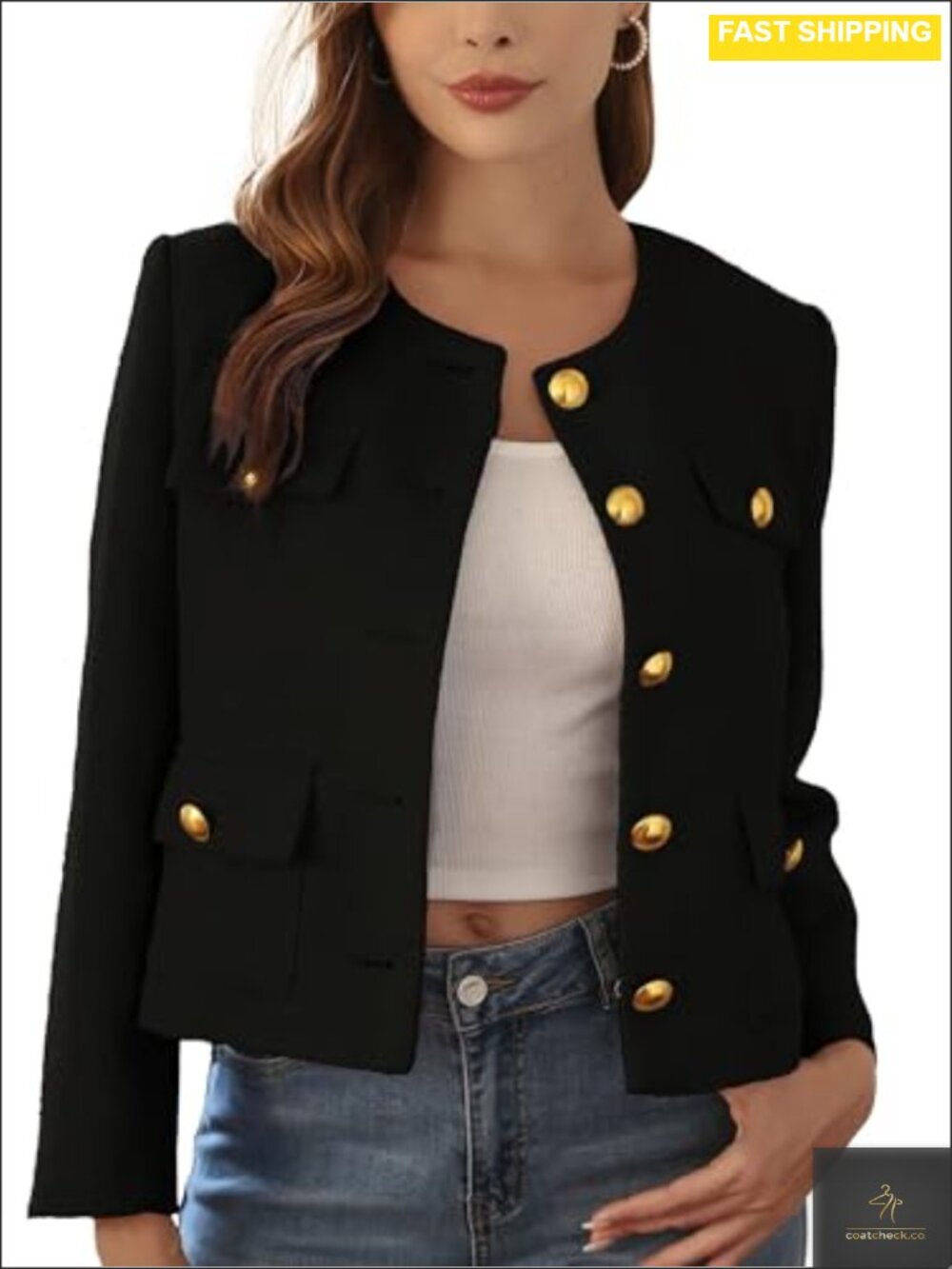 Cropped Tweed Blazer Single-Breasted Collarless Business Casual